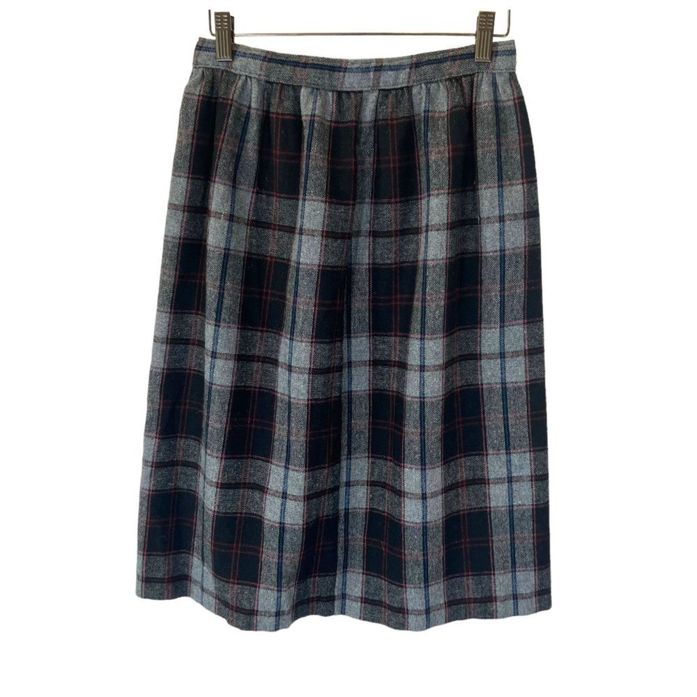 Vintage 70s Grey Plaid Button Up Straight Above Knee Wool Blend Skirt Medium - Picture 2 of 7